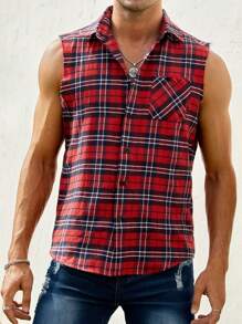 GENTILAND 男士格紋口袋貼布無袖襯衫 - 彩色 - 查看 1