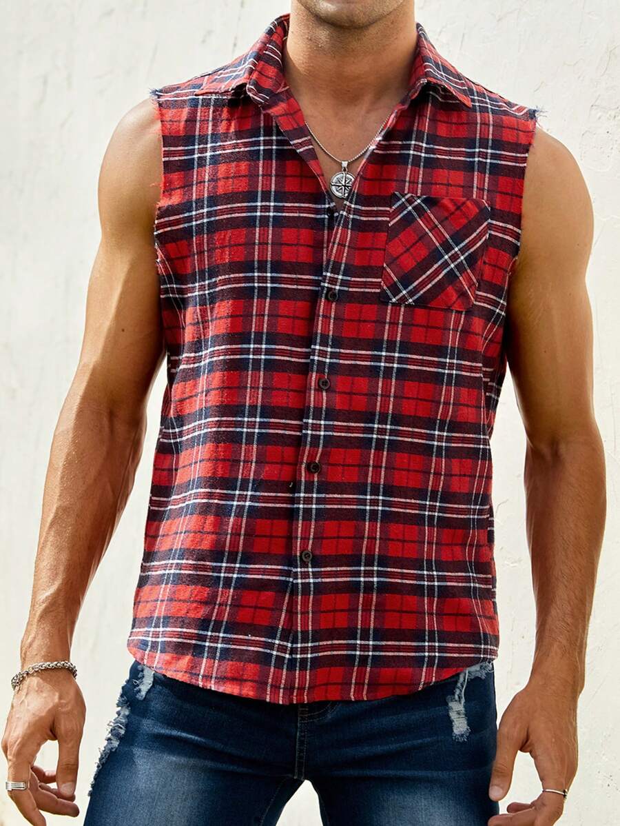 GENTILAND 男士格紋口袋貼布無袖襯衫 - 彩色 - 查看 1