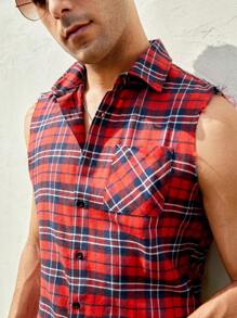 GENTILAND 男士格紋口袋貼布無袖襯衫 - 彩色 - 查看 3