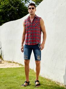 GENTILAND 男士格紋口袋貼布無袖襯衫 - 彩色 - 查看 5