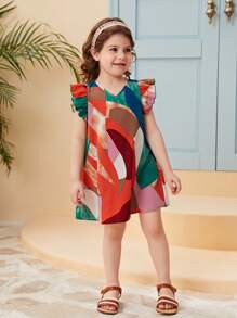SHEIN 小女童滿版印花荷葉邊連衣裙 - 彩色 - 查看 1