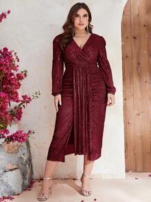 YISIKADO 大碼交疊領打褶細節亮片洋裝 - 酒紅色 - 查看 5