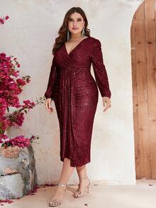 YISIKADO 大碼交疊領打褶細節亮片洋裝 - 酒紅色 - 查看 6