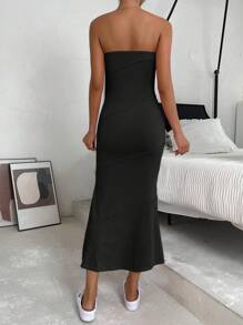 SHEIN EZwear 素色魚尾裙下擺抹胸洋裝 - 黑色 - 查看 2