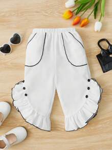 SHEIN Baby Contrast Binding Ruffle Hem Pants - White - View 1