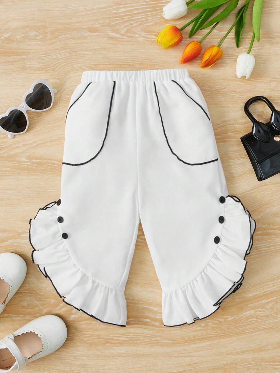 SHEIN Baby Contrast Binding Ruffle Hem Pants - White - View 1