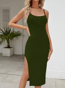 SHEIN PETITE Đầm Tách cao màu trơn Giải trí - Màu xanh lá cây đậm - Xem 1