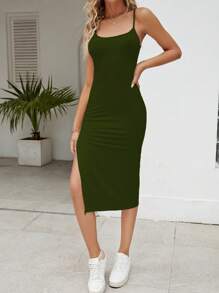 SHEIN PETITE Đầm Tách cao màu trơn Giải trí - Màu xanh lá cây đậm - Xem 6