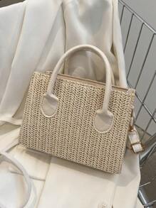 流行手提包，女式優雅單肩包，大容量斜背包，草編手提包，草編海灘包，海灘必備，夏季必備，海灘用品和夏季必需品，最佳沙灘風格女士包 - 米色 - 查看 1