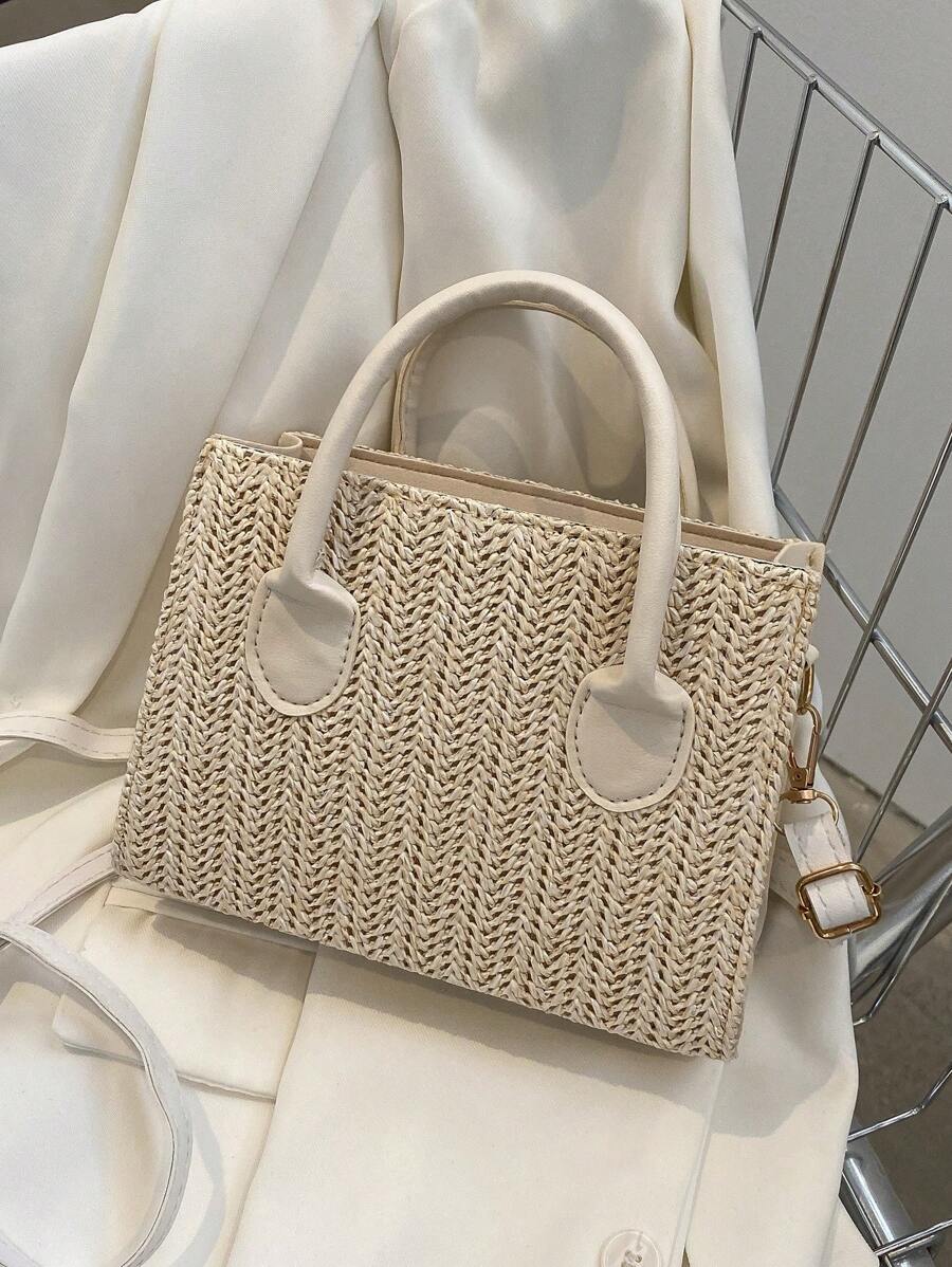 流行手提包，女式優雅單肩包，大容量斜背包，草編手提包，草編海灘包，海灘必備，夏季必備，海灘用品和夏季必需品，最佳沙灘風格女士包 - 米色 - 查看 1