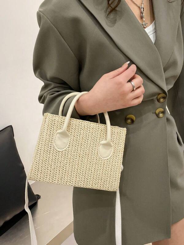 Trendy Straw Handbag, Women's Elegant Shoulder Bag, Large Capacity
