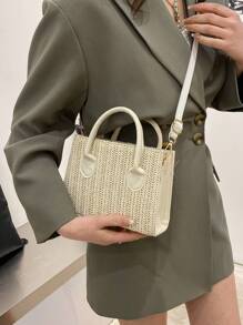 流行手提包，女式優雅單肩包，大容量斜背包，草編手提包，草編海灘包，海灘必備，夏季必備，海灘用品和夏季必需品，最佳沙灘風格女士包 - 米色 - 查看 6