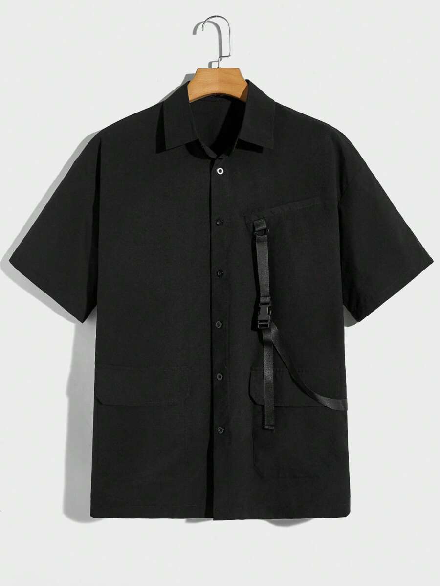 Manfinity RebelGame Men Buckle Detail Flap Pocket Shirt - Black - View 1