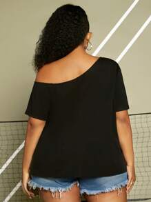 SHEIN CURVE+ Áo thun Plus size Bất đối xứng Con số Giải trí - màu đen - Xem 2