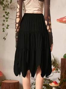 ROMWE Fairycore Váy nữ Bất đối xứng Viên lá sen phân lớp màu trơn Giải trí - màu đen - Xem 4