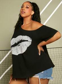 SHEIN CURVE+ Áo thun Plus size Bất đối xứng Con số Giải trí - màu đen - Xem 4