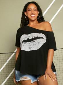 SHEIN CURVE+ Áo thun Plus size Bất đối xứng Con số Giải trí - màu đen - Xem 5