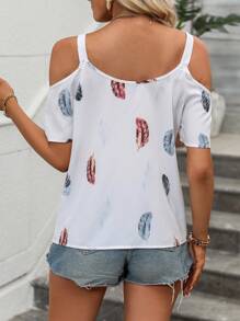 SHEIN LUNE 羽毛印花挖肩襯衫 - 白色 - 查看 4