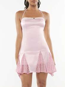 SHEINNeu Plaid Print Flowy Hem Satin Halter Dress - Baby Pink - View 5