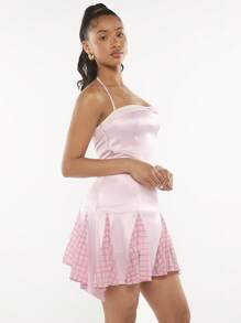 SHEINNeu Plaid Print Flowy Hem Satin Halter Dress - Baby Pink - View 4