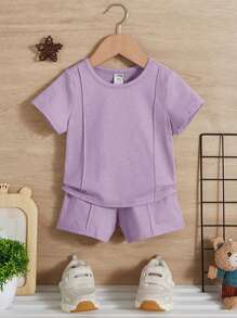 SHEIN Leap Crew Baby Boy Seam Detail Tee & Shorts - Lilac Purple - View 1
