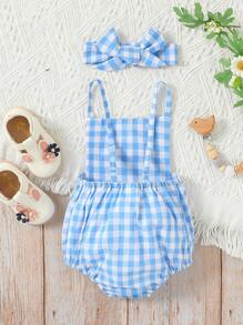 嬰兒格子圖案前紐扣連體衣和頭巾 - 藍白色 - 查看 2