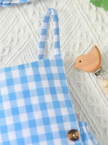 嬰兒格子圖案前紐扣連體衣和頭巾 - 藍白色 - 查看 3