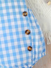 嬰兒格子圖案前紐扣連體衣和頭巾 - 藍白色 - 查看 5