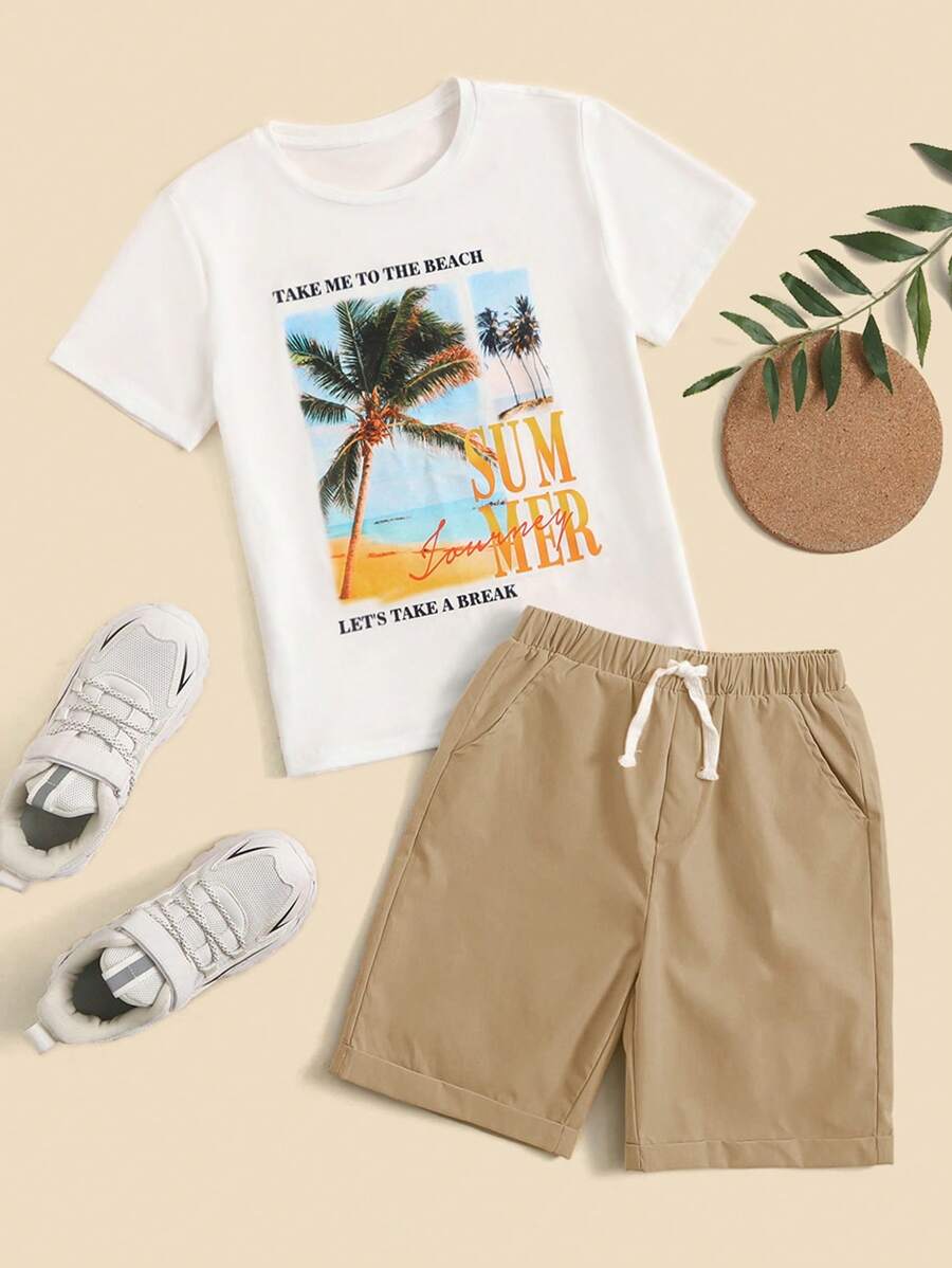 SHEIN Boys Slogan & Palm Tree Print Tee & Drawstring Waist Shorts - Khaki - View 1