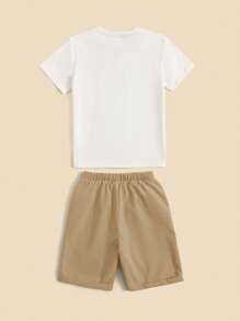 SHEIN Boys Slogan & Palm Tree Print Tee & Drawstring Waist Shorts - Khaki - View 2