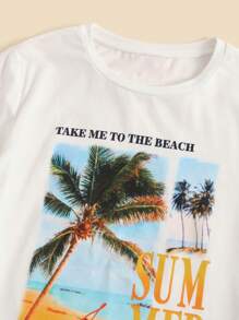 SHEIN Boys Slogan & Palm Tree Print Tee & Drawstring Waist Shorts - Khaki - View 3