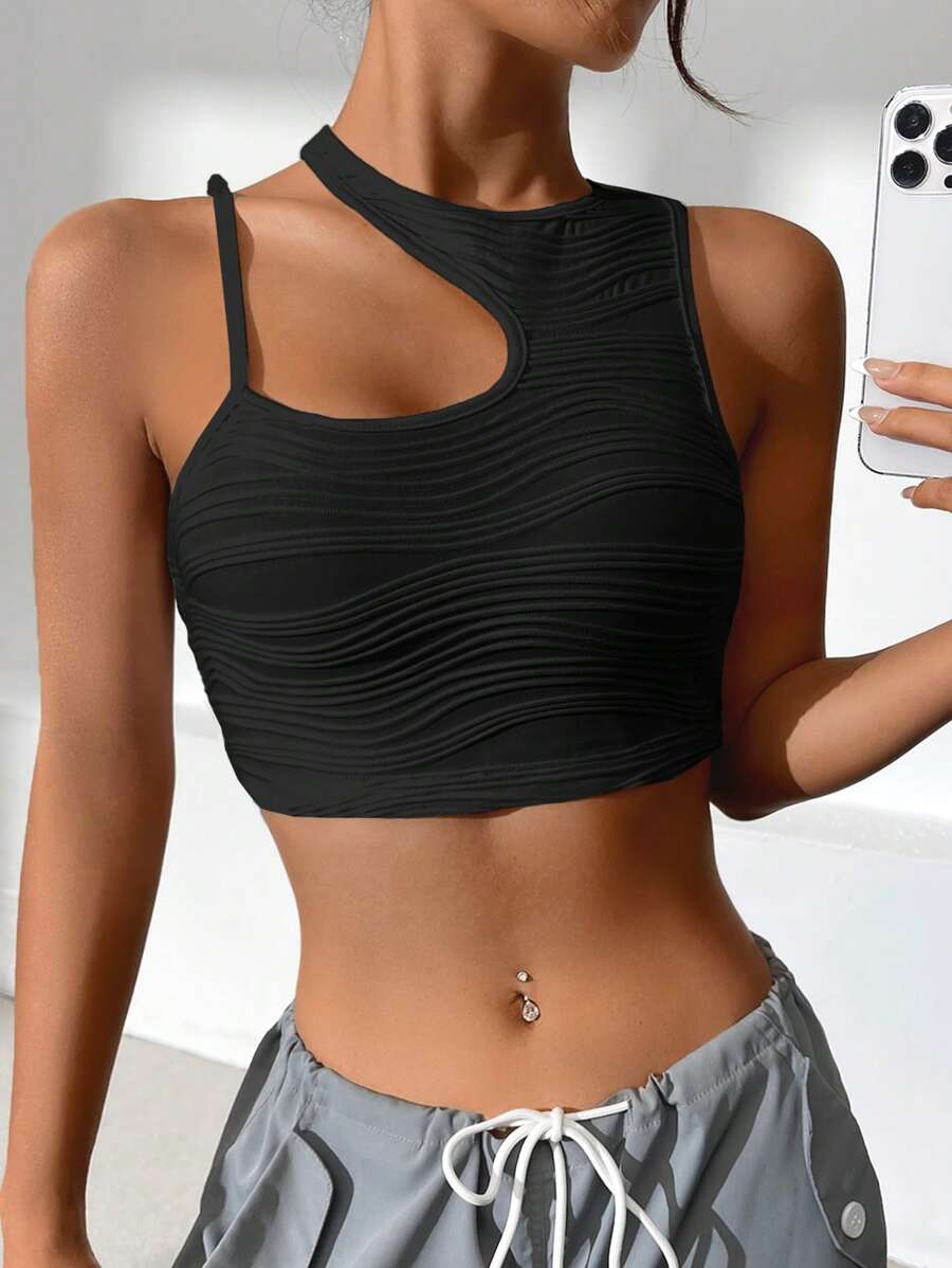 SHEIN EZwear 素色不對稱領短款上衣 - 黑色 - 查看 1