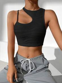 SHEIN EZwear 素色不對稱領短款上衣 - 黑色 - 查看 5