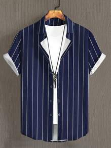 Manfinity Homme 男士條紋印花襯衫不帶T恤 - 藍色 - 查看 1