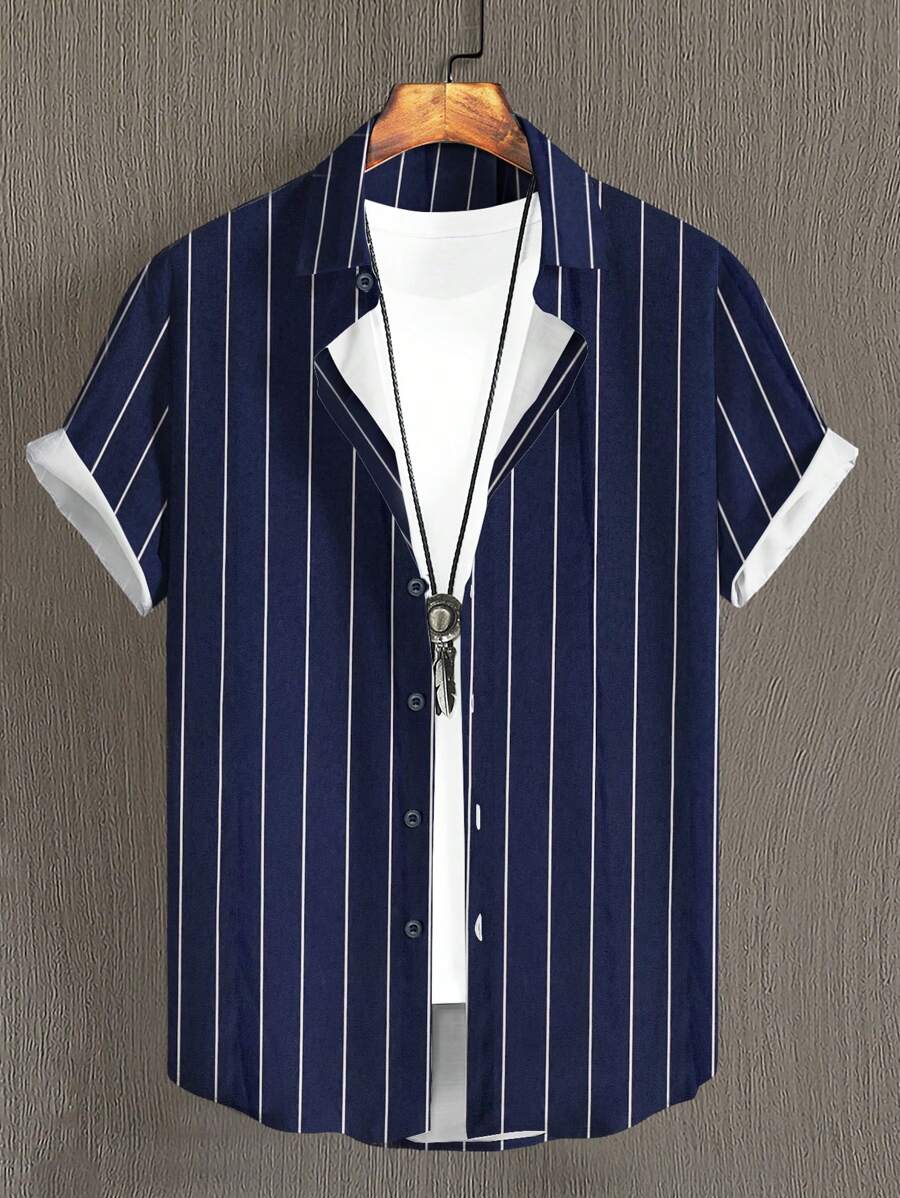 Manfinity Homme 男士條紋印花襯衫不帶T恤 - 藍色 - 查看 1