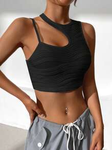 SHEIN EZwear 素色不對稱領短款上衣 - 黑色 - 查看 6