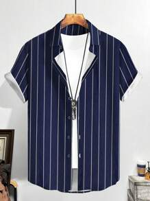 Manfinity Homme 男士條紋印花襯衫不帶T恤 - 藍色 - 查看 3