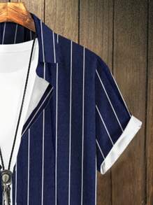 Manfinity Homme 男士條紋印花襯衫不帶T恤 - 藍色 - 查看 5