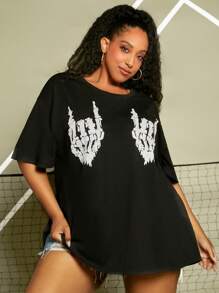 SHEIN CURVE+ Áo thun Plus size Lễ Các Thánh Giải trí - màu đen - Xem 3