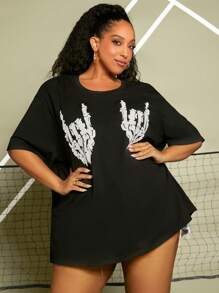 SHEIN CURVE+ Áo thun Plus size Lễ Các Thánh Giải trí - màu đen - Xem 5