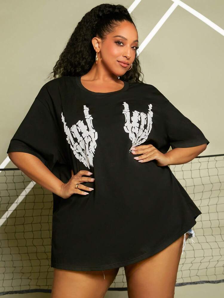 SHEIN CURVE+ Áo thun Plus size Lễ Các Thánh Giải trí - màu đen - Xem 5