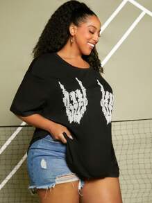 SHEIN CURVE+ Áo thun Plus size Lễ Các Thánh Giải trí - màu đen - Xem 7