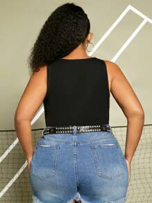 SHEIN CURVE+ Plus Sun & Moon Print Crop Tank Top - Black - View 2