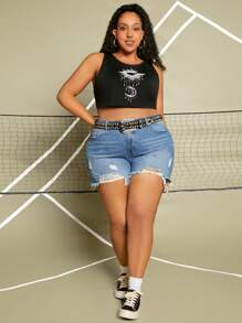 SHEIN CURVE+ Plus Sun & Moon Print Crop Tank Top - Black - View 5