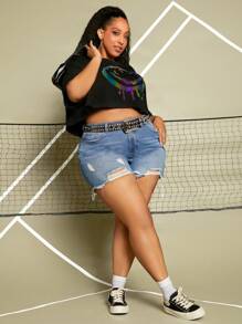 SHEIN CURVE+ Áo thun Plus size Hoạt hình Giải trí - màu đen - Xem 3