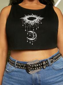 SHEIN CURVE+ Plus Sun & Moon Print Crop Tank Top - Black - View 6