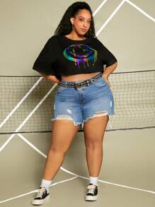 SHEIN CURVE+ Áo thun Plus size Hoạt hình Giải trí - màu đen - Xem 4