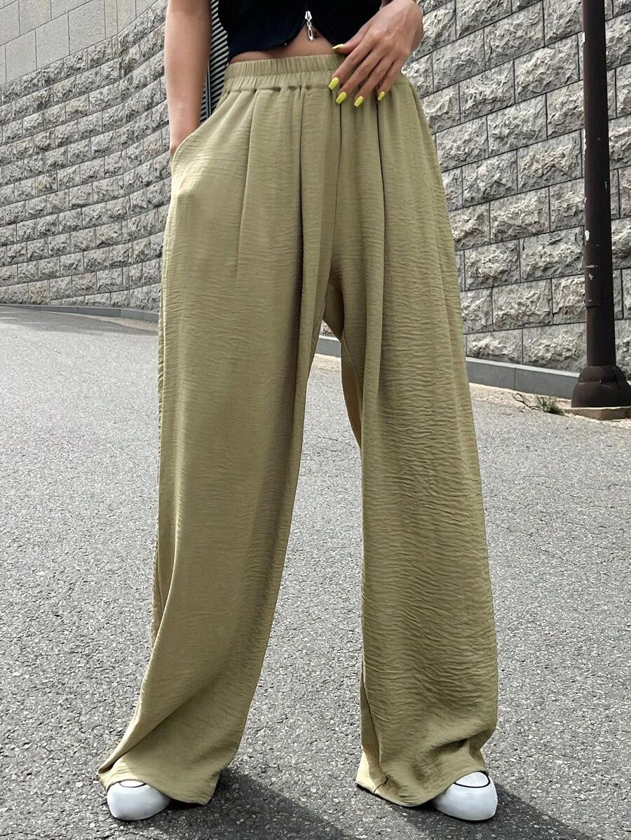 DAZY 素色闊腿褲 - 卡其色 - 查看 1