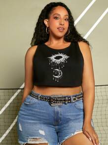 SHEIN CURVE+ Plus Sun & Moon Print Crop Tank Top - Black - View 7