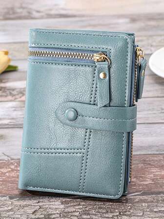 Monedero cartera de mujer con detalles de puntada texturizada, cierre de cremallera y decoración de botón, ideal para trabajadores de cuello blanco, colegio, trabajo, negocios, oficina, como regalo de aniversario, San Valentín o cumpleaños